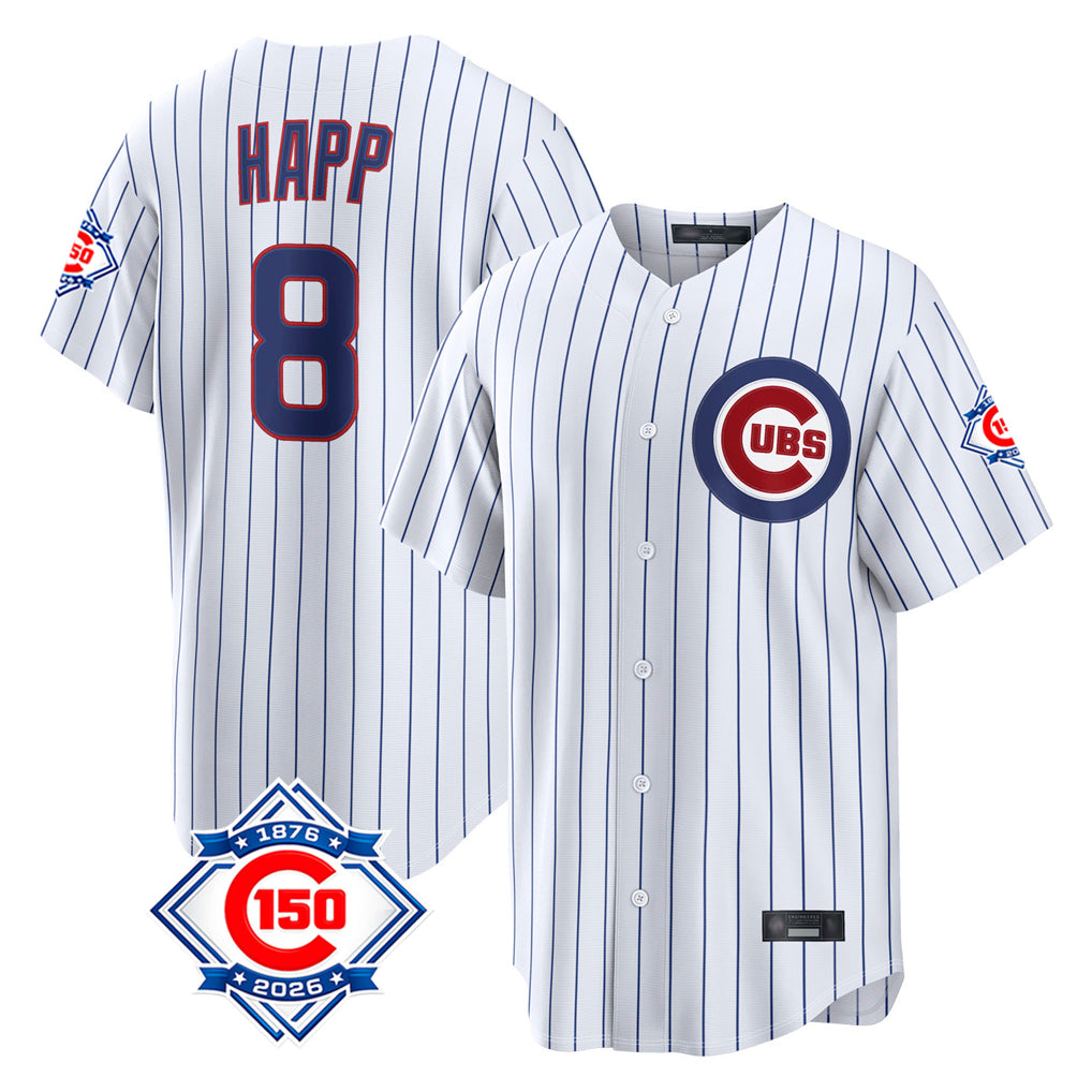 Fenge C.Cubs #8 Ian Happ Player White 150th Anniversary Limited Home Game Stitched Jerseys