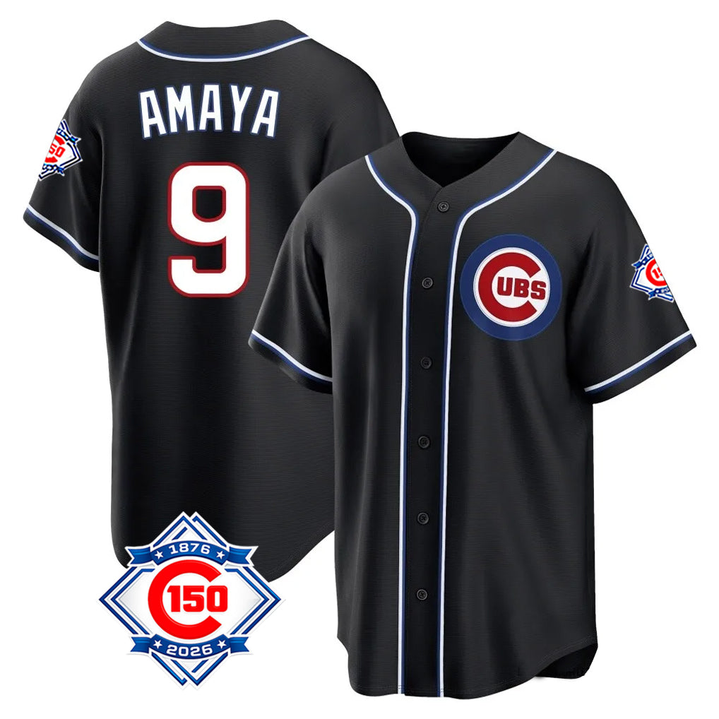 Fenge C.Cubs #9 Miguel Amaya Player Black Fashion Out 150th Anniversary Game Stitched Jerseys