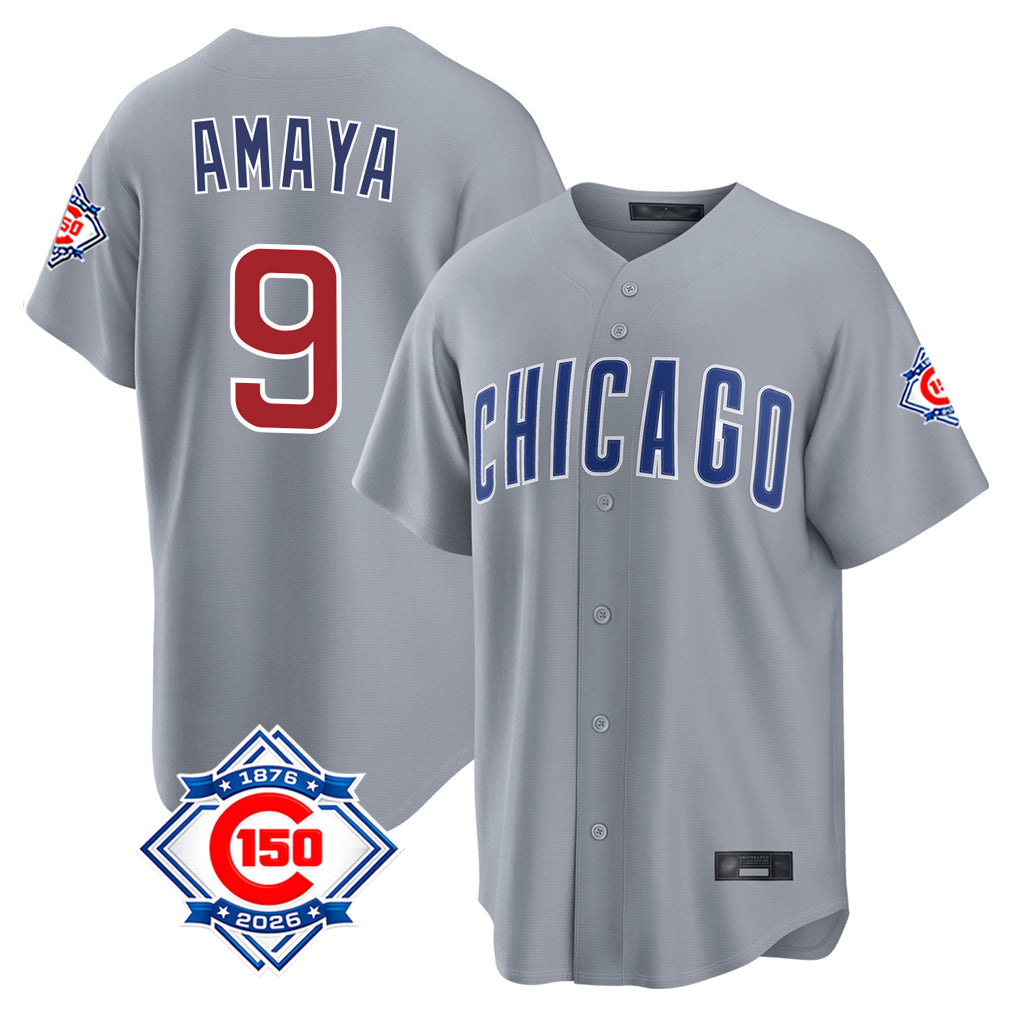 Fenge C.Cubs #9 Miguel Amaya Player Gray 150th Anniversary Home Game Stitched Jerseys