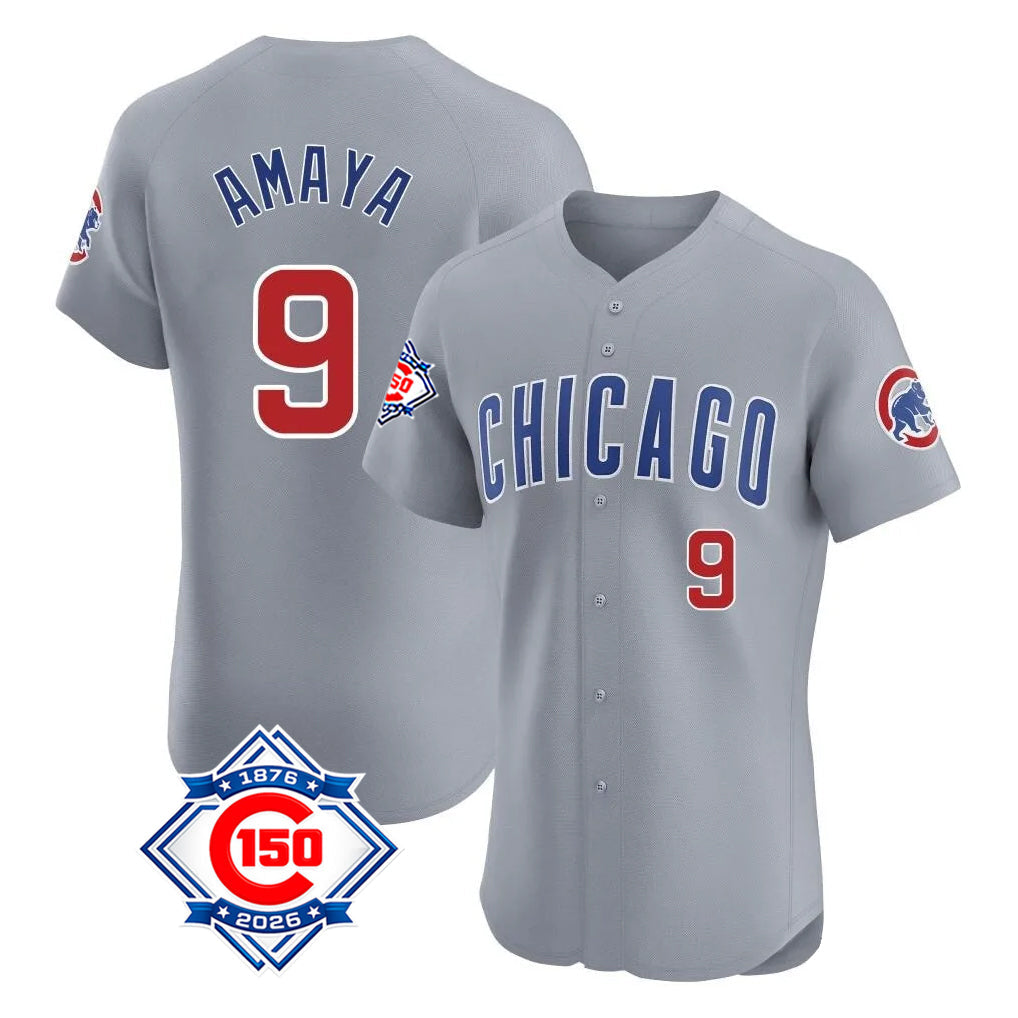 Fenge C.Cubs #9 Miguel Amaya Player Gray Road 150th Anniversary Limited Elite Home Stitched Jerseys