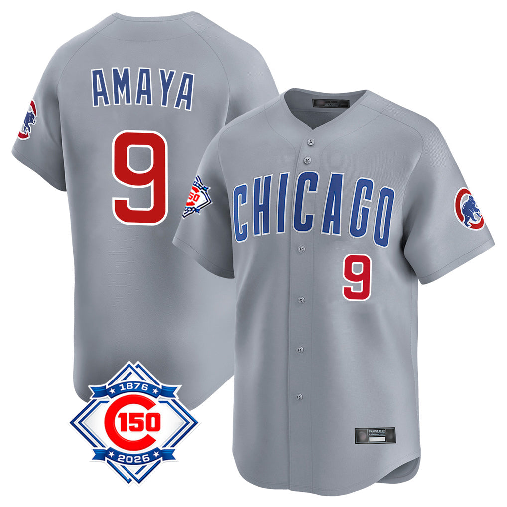 Fenge C.Cubs #9 Miguel Amaya Player Gray Road 150th Anniversary Limited Home Stitched Jerseys