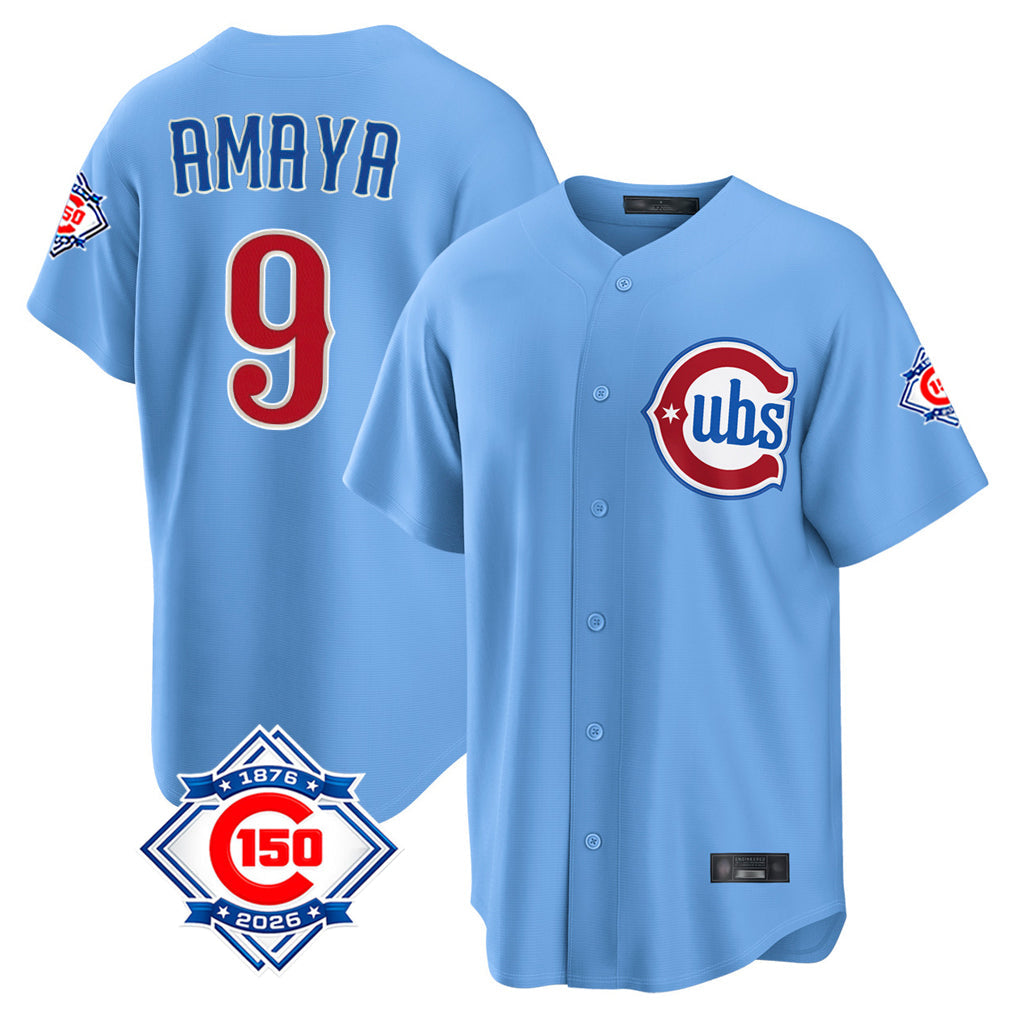 Fenge C.Cubs #9 Miguel Amaya Player Light Blue 150th Anniversary Home Game Stitched Jerseys