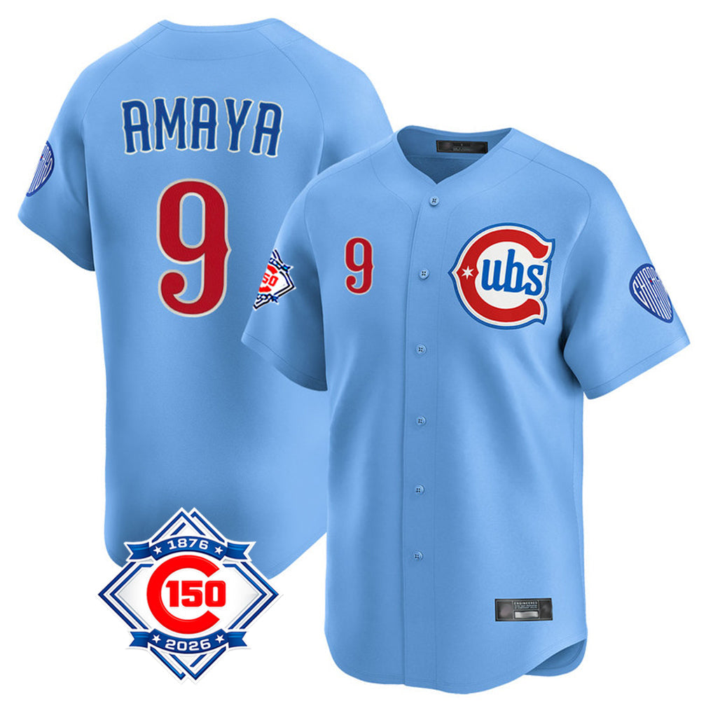 Fenge C.Cubs #9 Miguel Amaya Player Light Blue 150th Anniversary Limited Home Stitched Jerseys