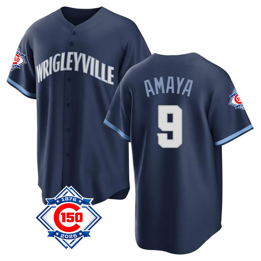 Fenge C.Cubs #9 Miguel Amaya Player Navy 150th Anniversary City Connect Home Game Stitched Jerseys