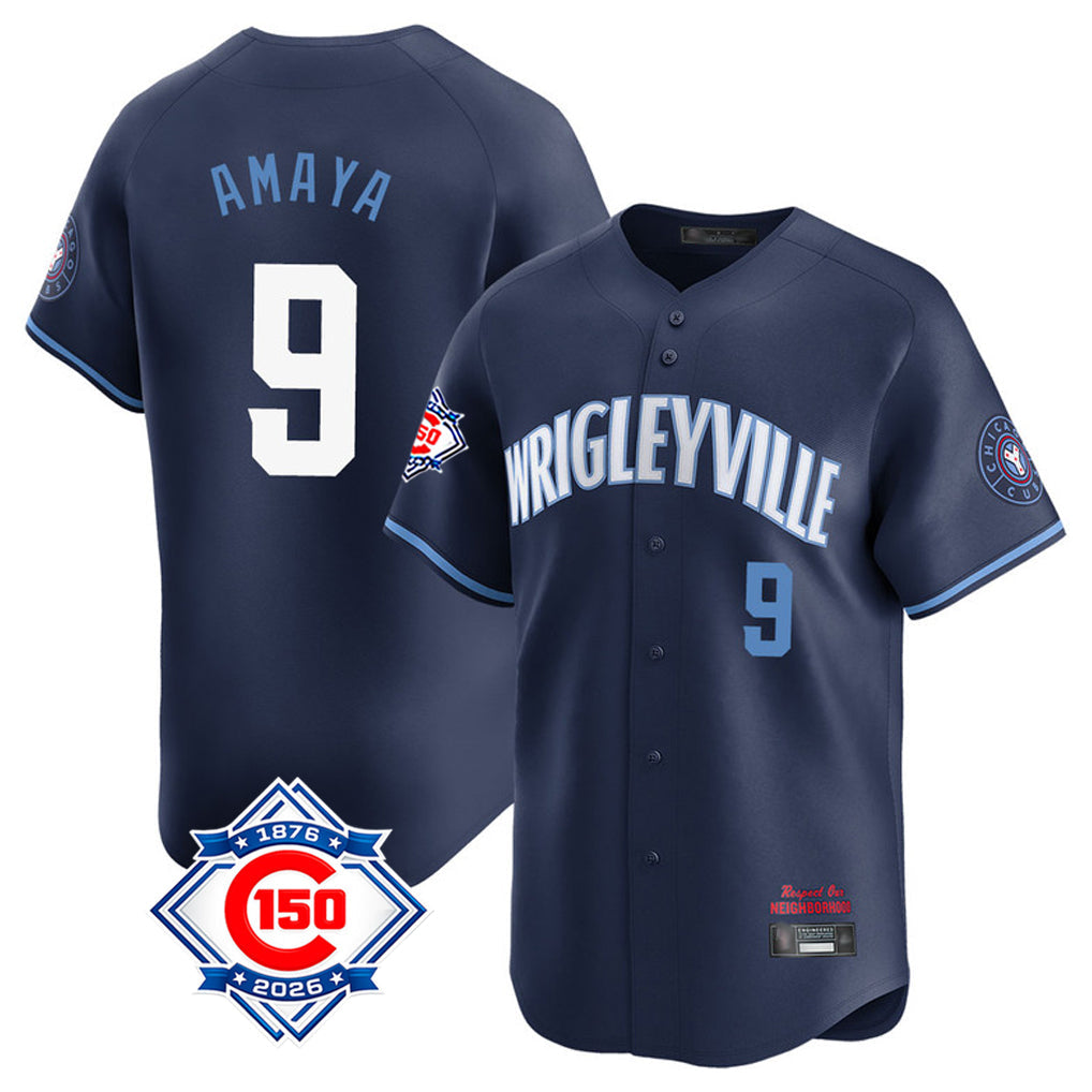 Fenge C.Cubs #9 Miguel Amaya Player Navy City Connect 150th Anniversary Limited Home Stitched Jerseys