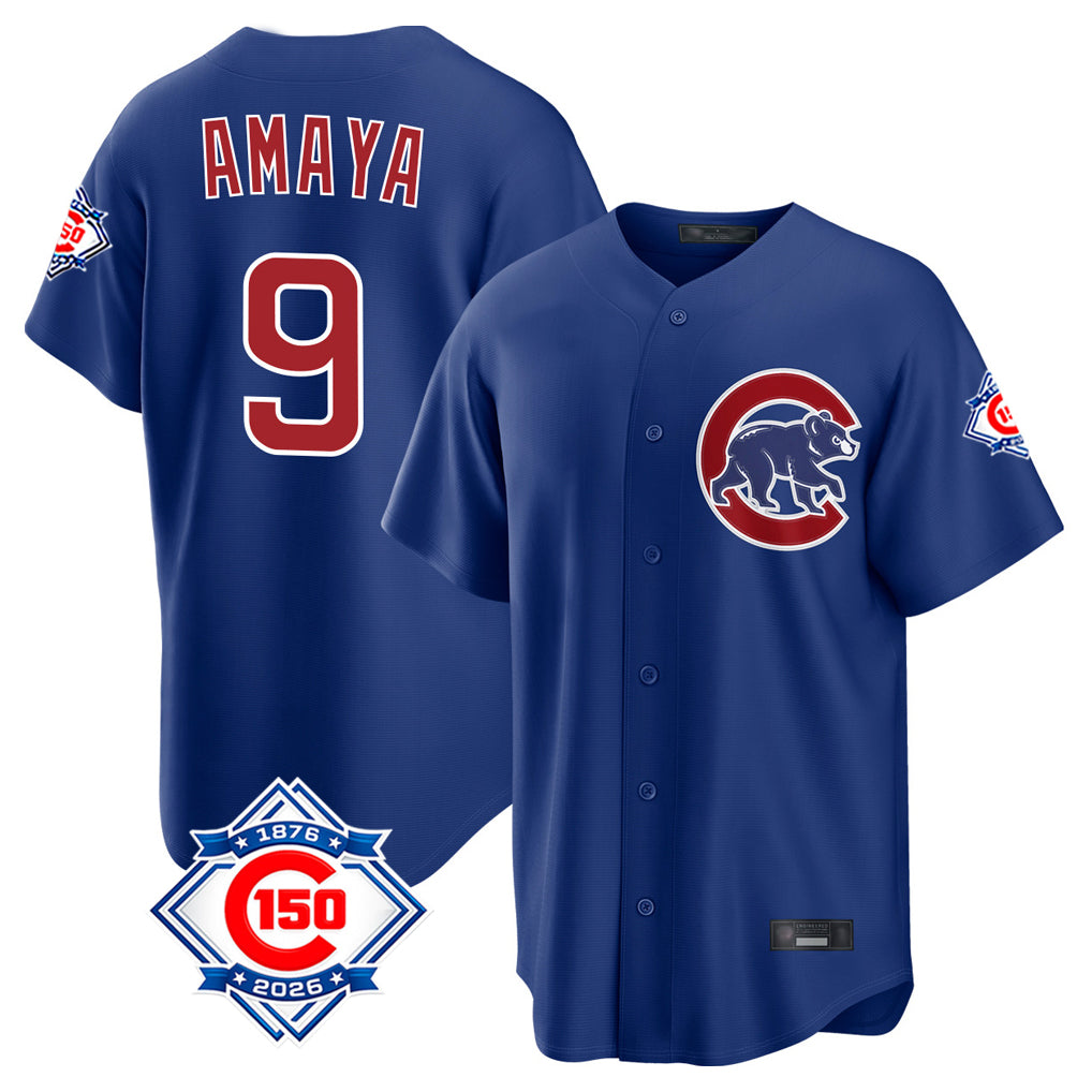 Fenge C.Cubs #9 Miguel Amaya Player Royal 150th Anniversary Home Game Stitched Jerseys