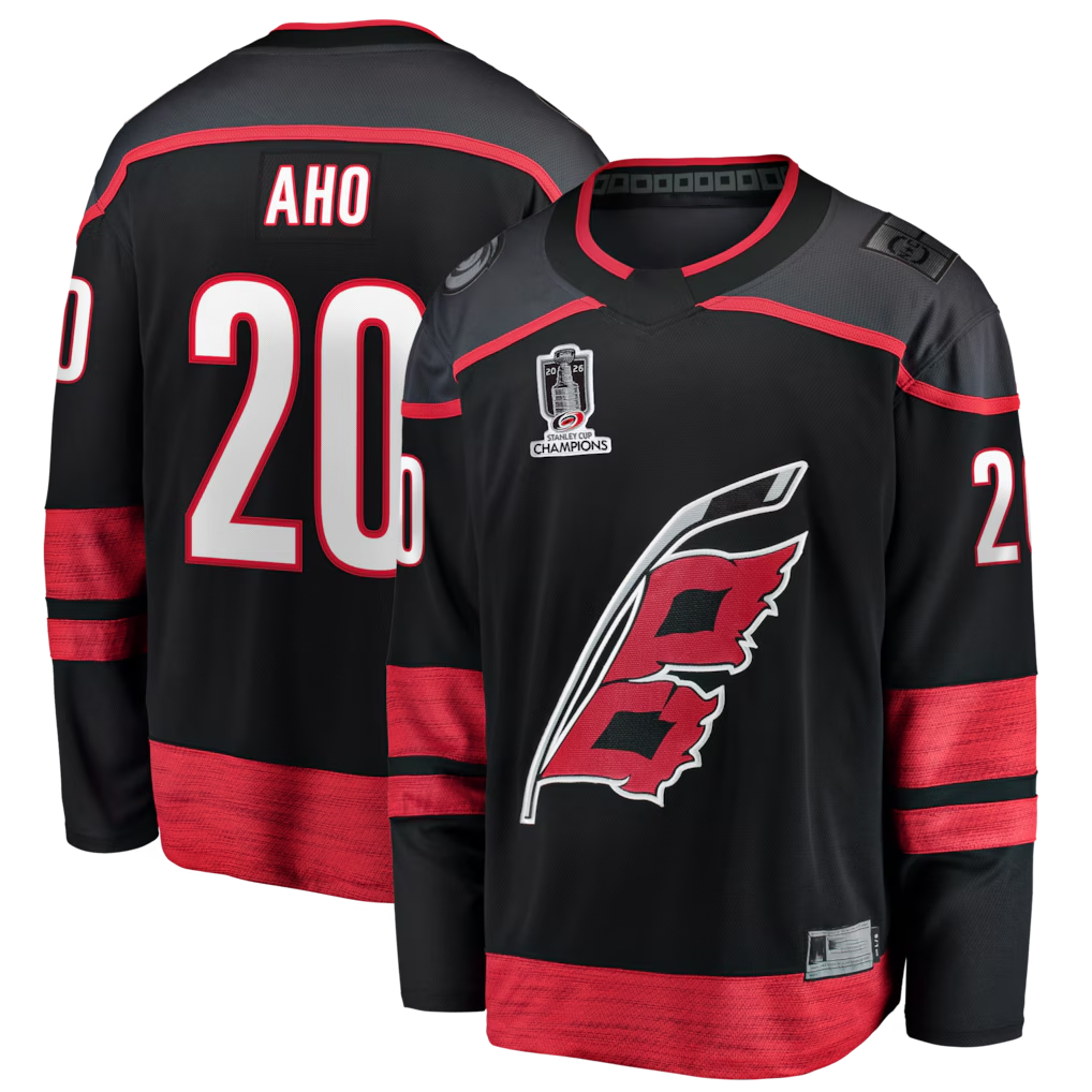Fenge C.Hurricanes #20 Sebastian Aho Black 2026 Stanley Cup Champions Home Breakaway Stitched Jerseys