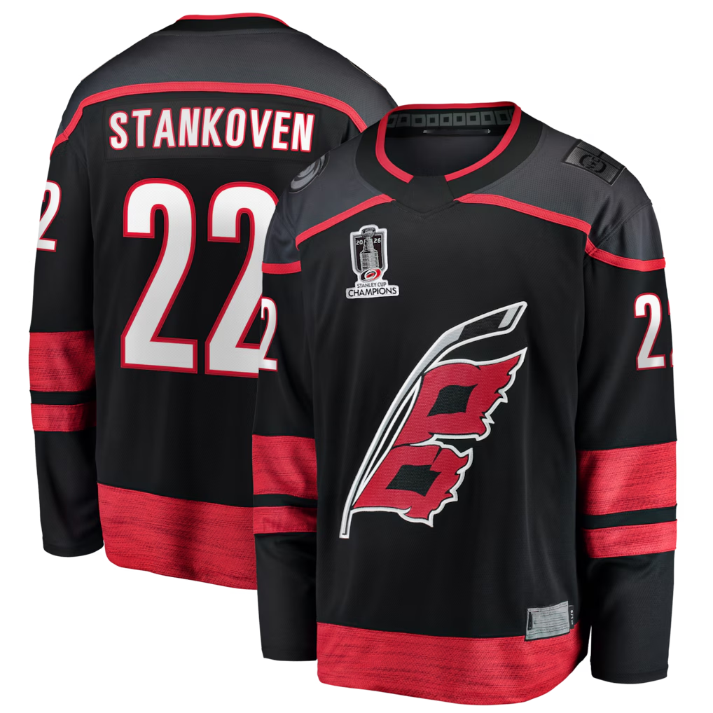 Fenge C.Hurricanes #22 Logan Stankoven Black 2026 Stanley Cup Champions Home Breakaway Stitched Jerseys