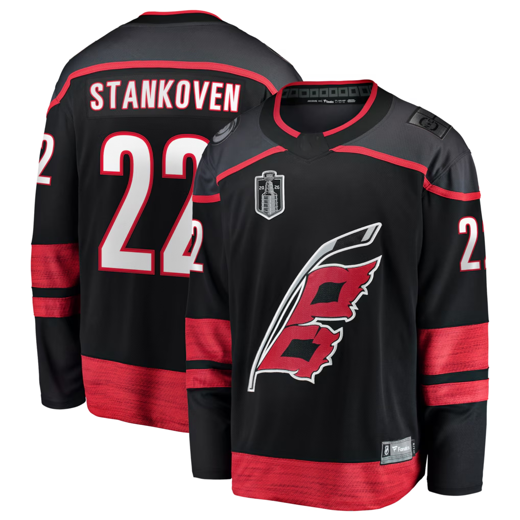 Fenge C.Hurricanes #22 Logan Stankoven Black 2026 Stanley Cup Final Home Breakaway Stitched Jerseys