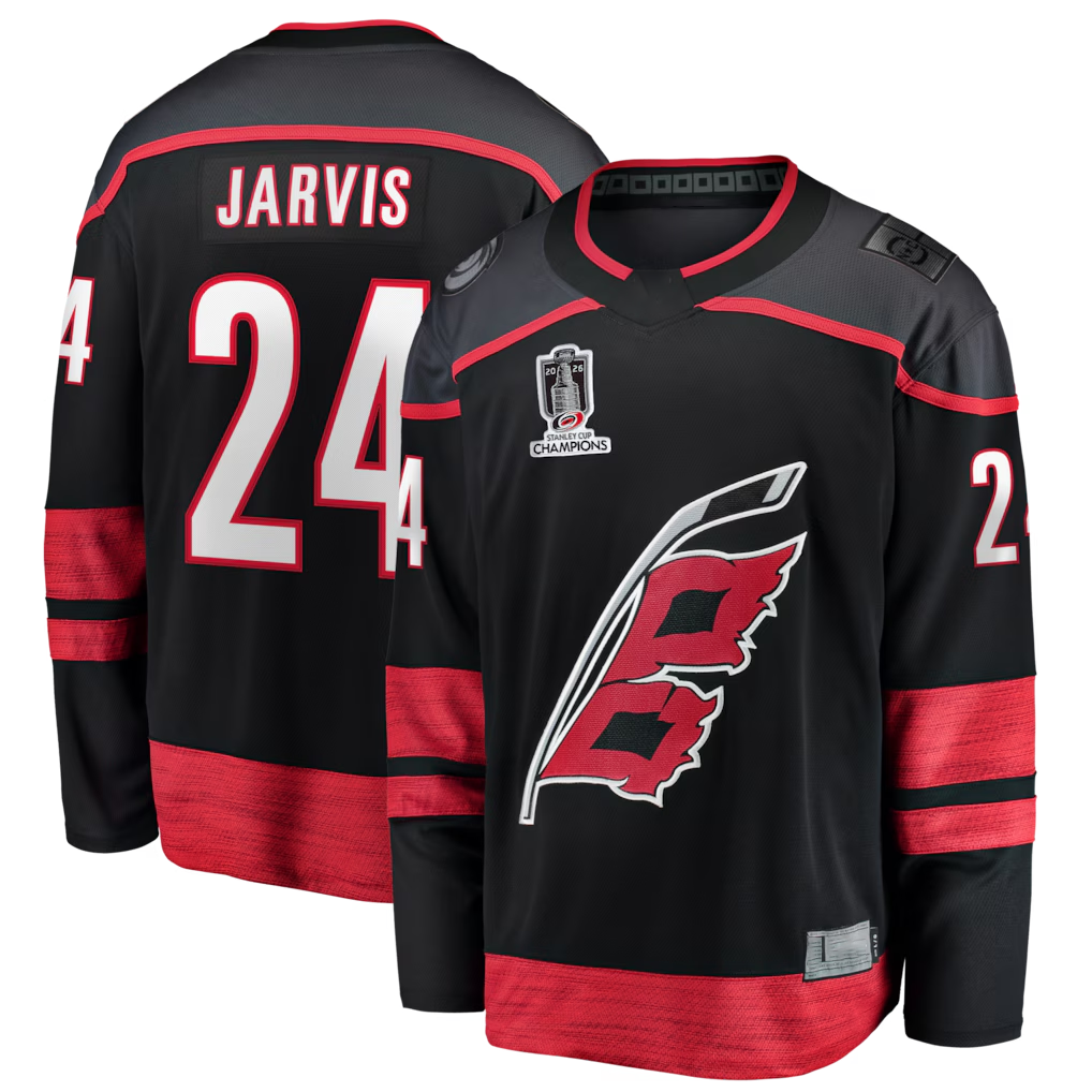 Fenge C.Hurricanes #24 Seth Jarvis Black 2026 Stanley Cup Champions Home Breakaway Stitched Jerseys