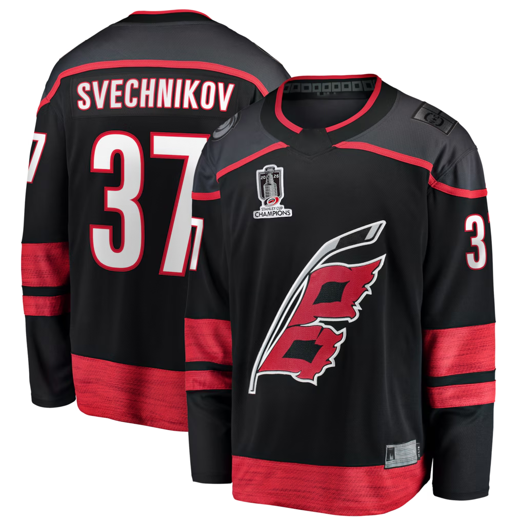 Fenge C.Hurricanes #37 Andrei Svechnikov Black 2026 Stanley Cup Champions Home Breakaway Stitched Jerseys