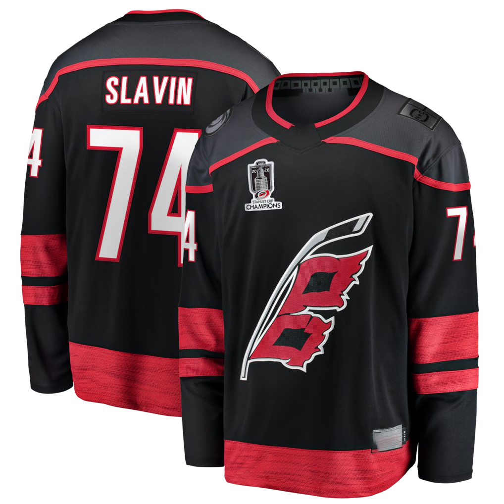 Fenge C.Hurricanes #74 Jaccob Slavin Black 2026 Stanley Cup Champions Home Breakaway Stitched Jerseys