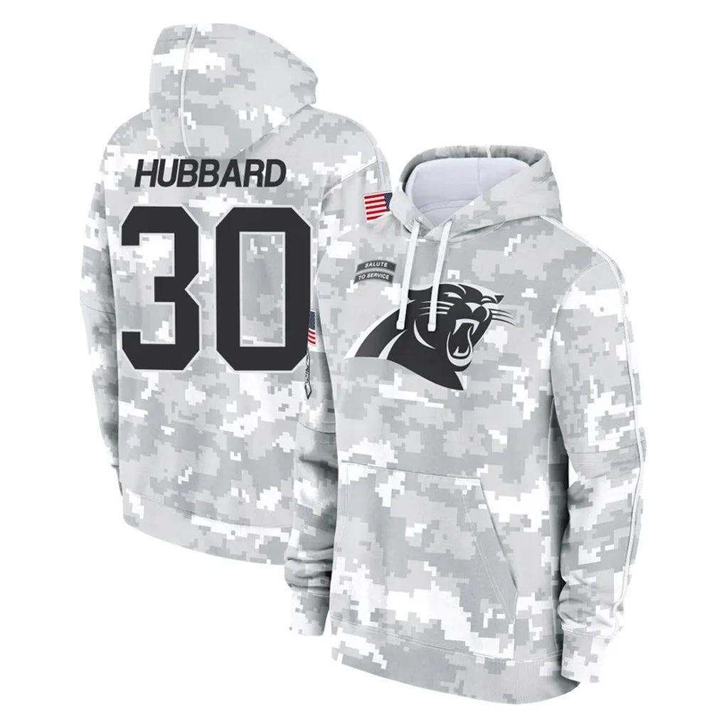 Fenge C.Panthers #30 Chuba Hubbard Player Arctic Camo Salute to Service Pullover Hoodies Limited Game Stitched Jerseys