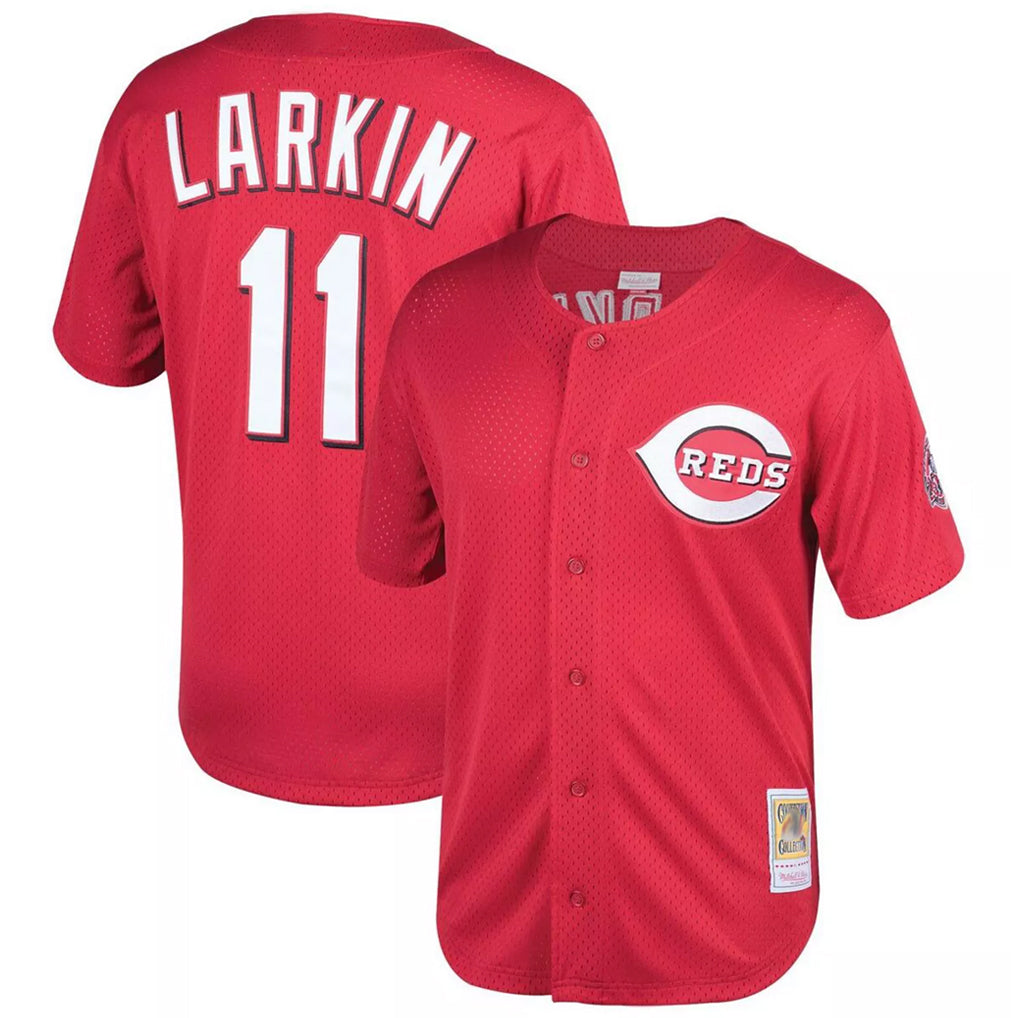 Fenge C.Reds #11 Barry Larkin Player Mitchell & Ness Red Throwback Cooperstown Mesh Game Stitched Jerseys