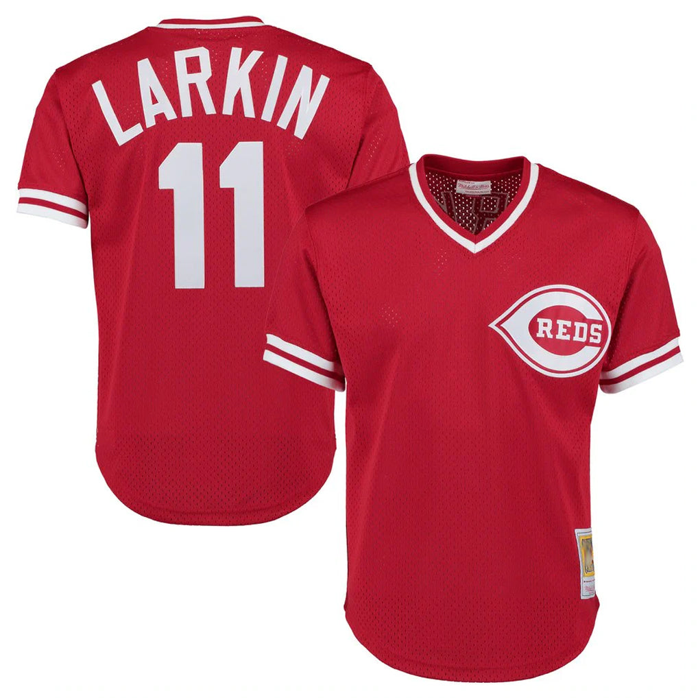 Fenge C.Reds #11 Barry Larkin Player Mitchell & Ness Red Throwback Cooperstown Mesh T-shirt Game Stitched Jerseys