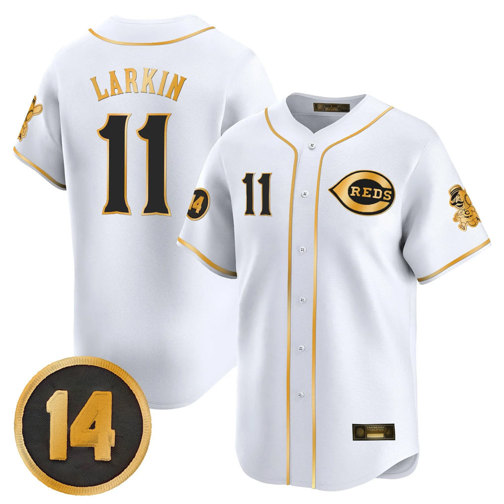 Fenge C.Reds #11 Barry Larkin Player White-Gold Vapor Premier Limited Home Stitched Jerseys