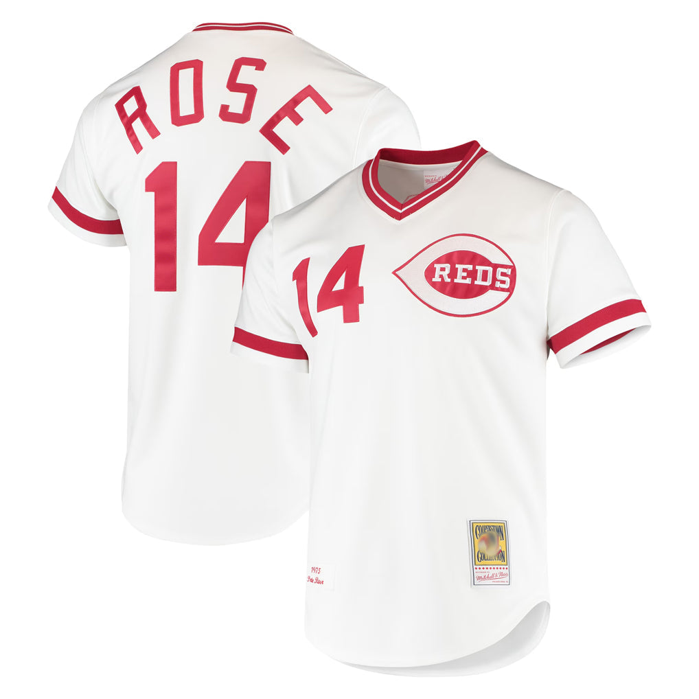 Fenge C.Reds #14 Pete Rose Player Mitchell & Ness White Throwback Cooperstown Mesh T-shirt Game Stitched Jerseys