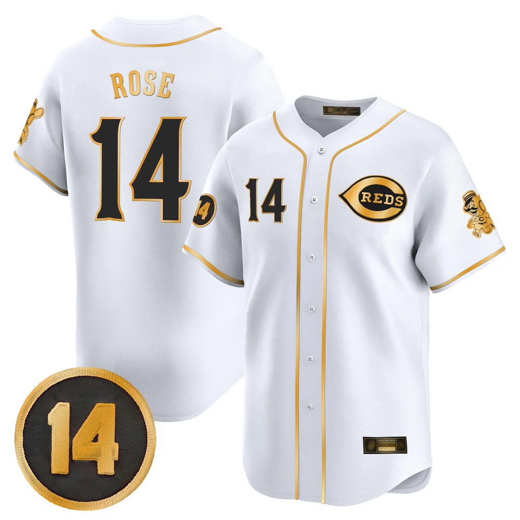 Fenge C.Reds #14 Pete Rose Player White-Gold Vapor Premier Limited Home Stitched Jerseys