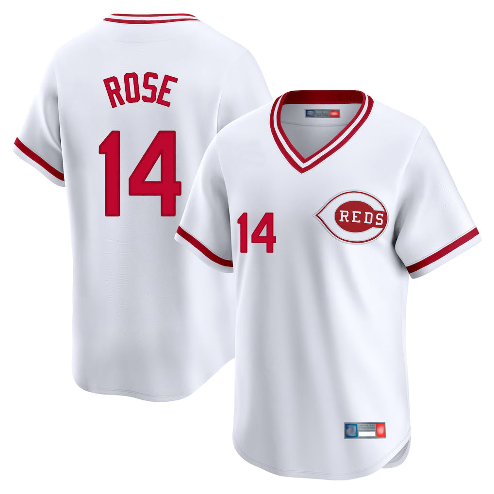 Fenge C.Reds #14 Pete Rose Player White Cooperstown Collection Limited T-shirt Home Stitched Jerseys
