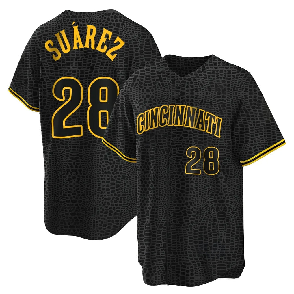 Fenge C.Reds #28 Eugenio Su¡§¡érez Player Black Snake Skin City Home Stitched Jerseys