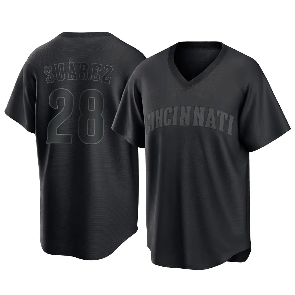 Fenge C.Reds #28 Eugenio Su¡§¡érez Player Black T-shirt Game Home Stitched Jerseys