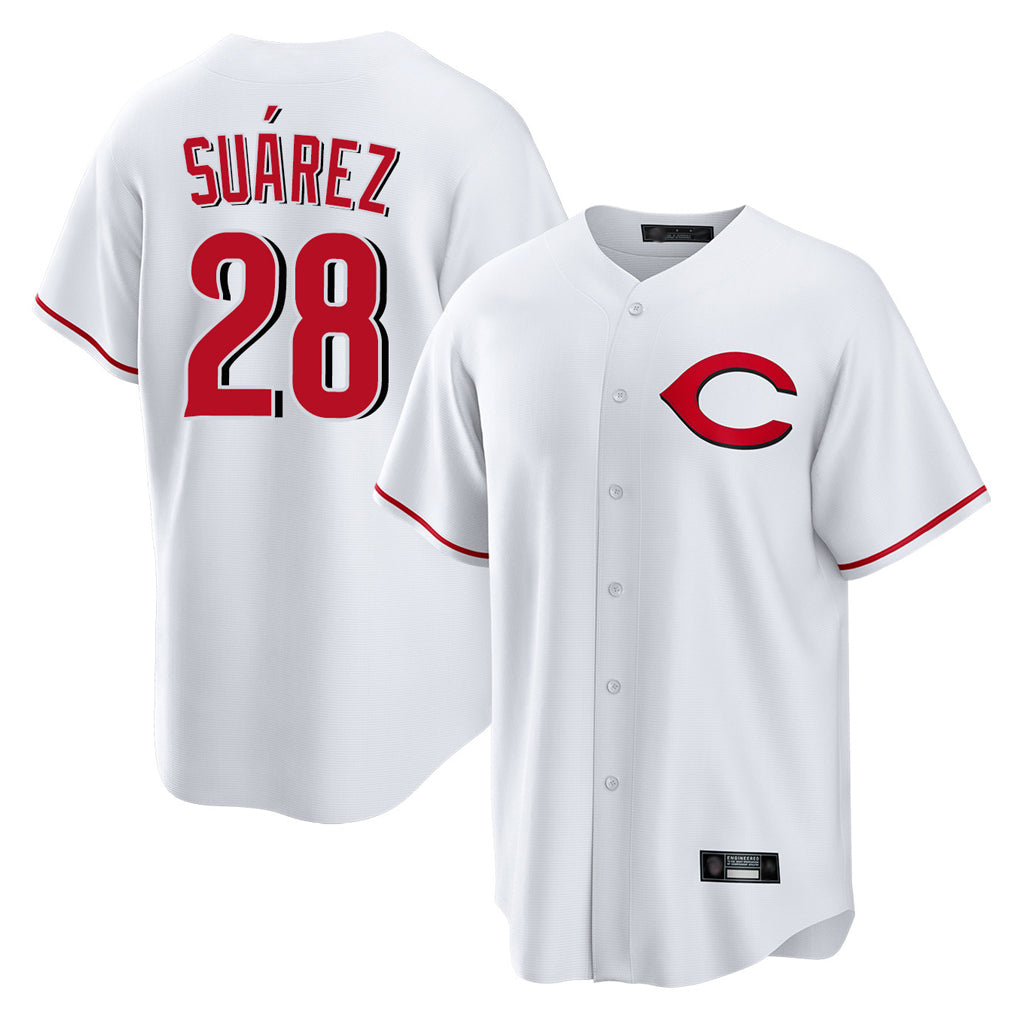 Fenge C.Reds #28 Eugenio Su¡§¡érez Player White Home Game Stitched Jerseys