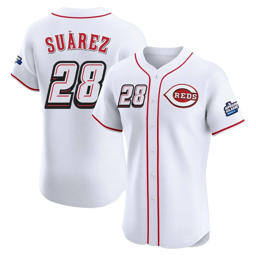 Fenge C.Reds #28 Eugenio Su¡§¡érez Player White Speedway Classic Limited Elite Home Stitched Jerseys