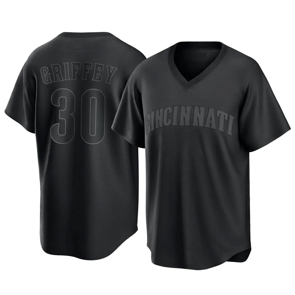 Fenge C.Reds #30 Ken Griffey Player Black T-shirt Game Home Stitched Jerseys
