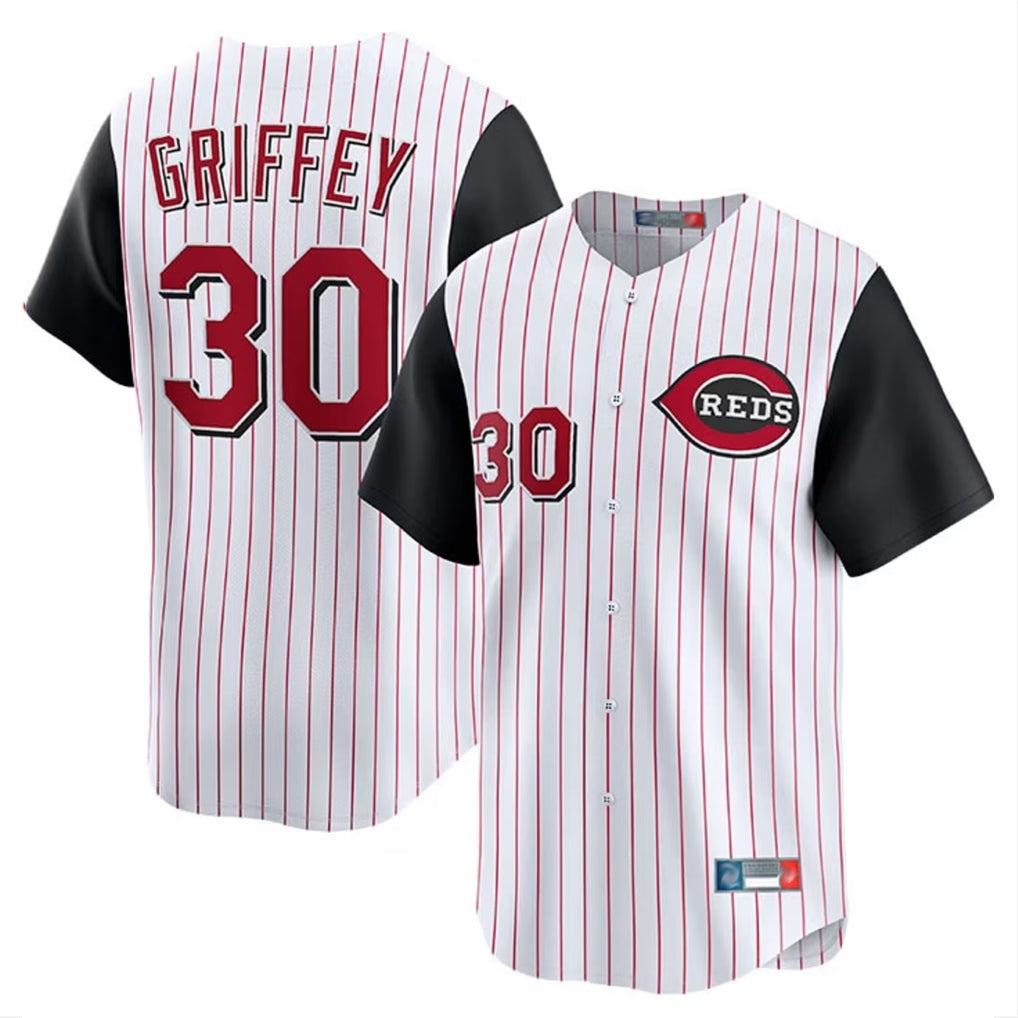 Fenge C.Reds #30 Ken Griffey Player White Black Stripe Field of Dreams Game Home Stitched Jerseys