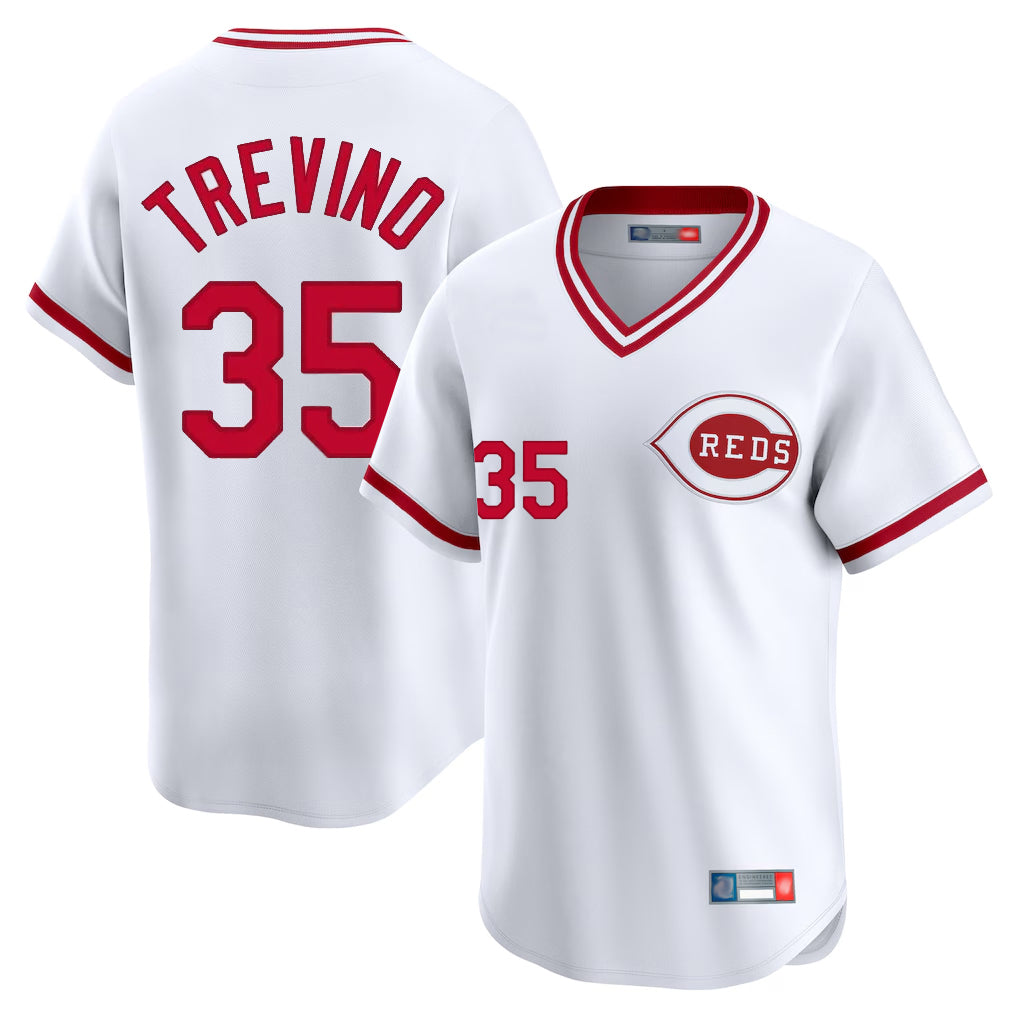 Fenge C.Reds #35 Jose Trevino Player White Cooperstown Collection Limited T-shirt Home Stitched Jerseys