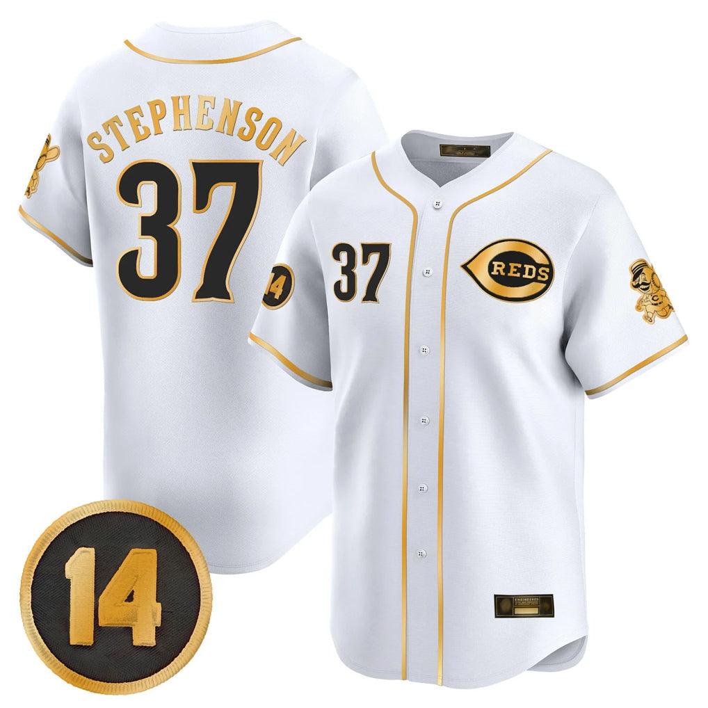 Fenge C.Reds #37 Tyler Stephenson Player White-Gold Vapor Premier Limited Home Stitched Jerseys
