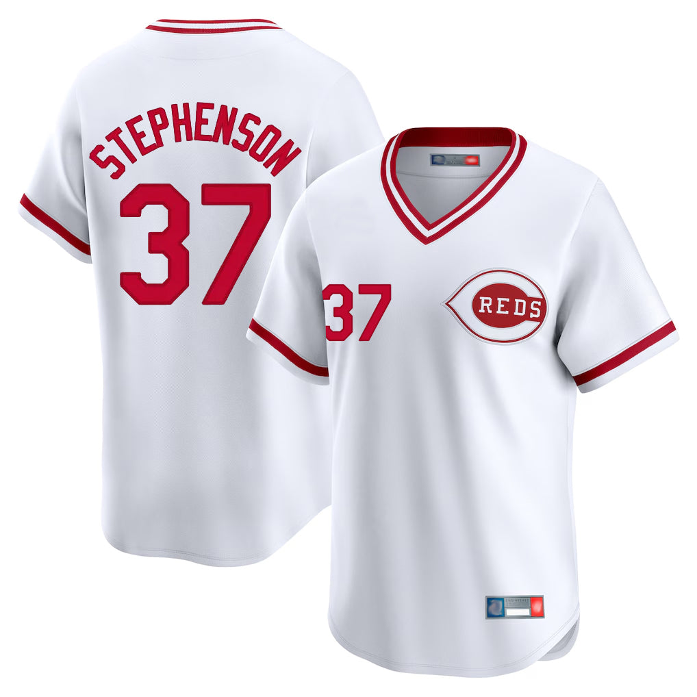 Fenge C.Reds #37 Tyler Stephenson Player White Cooperstown Collection Limited T-shirt Home Stitched Jerseys