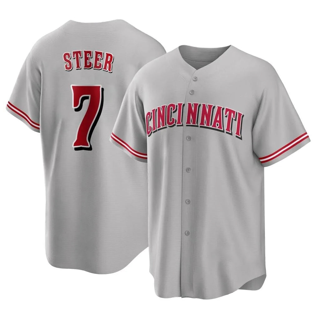 Fenge C.Reds #7 Spencer Steer Player Gray Home Game Stitched Jerseys