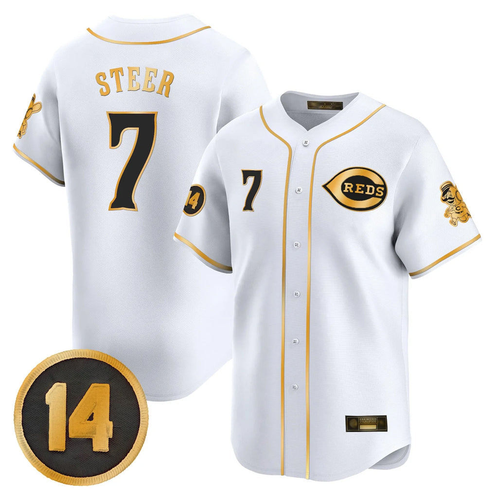 Fenge C.Reds #7 Spencer Steer Player White-Gold Vapor Premier Limited Home Stitched Jerseys