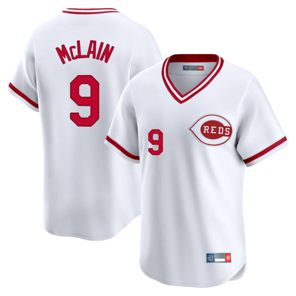 Fenge C.Reds #9 Matt McLain Player White Cooperstown Collection Limited T-shirt Home Stitched Jerseys
