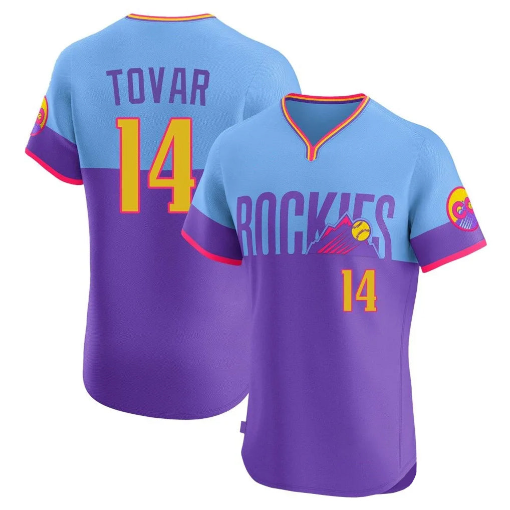 Fenge C.Rockies #14 Ezequiel Tovar Player Purple-Light Blue City Connect Limited Elite Home T-shirt Stitched Jerseys