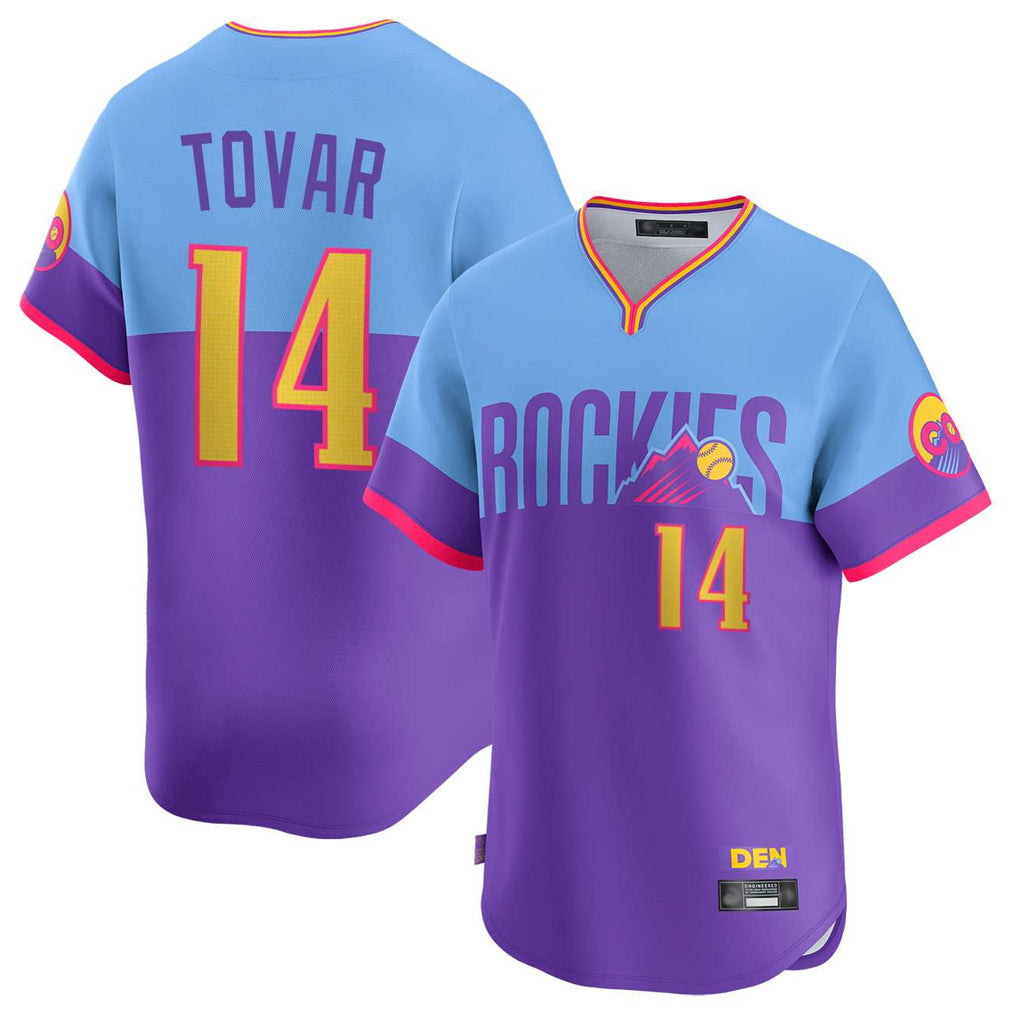 Fenge C.Rockies #14 Ezequiel Tovar Player Purple-Light Blue City Connect Limited Home T-shirt Stitched Jerseys