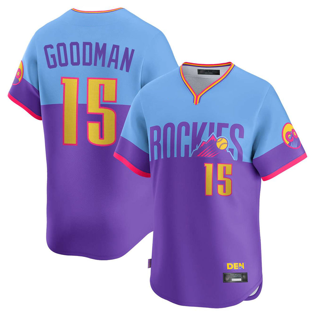 Fenge C.Rockies #15 Hunter Goodman Player Purple-Light Blue City Connect Limited Home T-shirt Stitched Jerseys