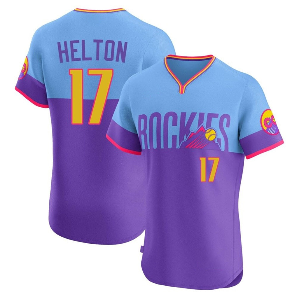 Fenge C.Rockies #17 Todd Helton Player Purple-Light Blue City Connect Limited Elite Home T-shirt Stitched Jerseys