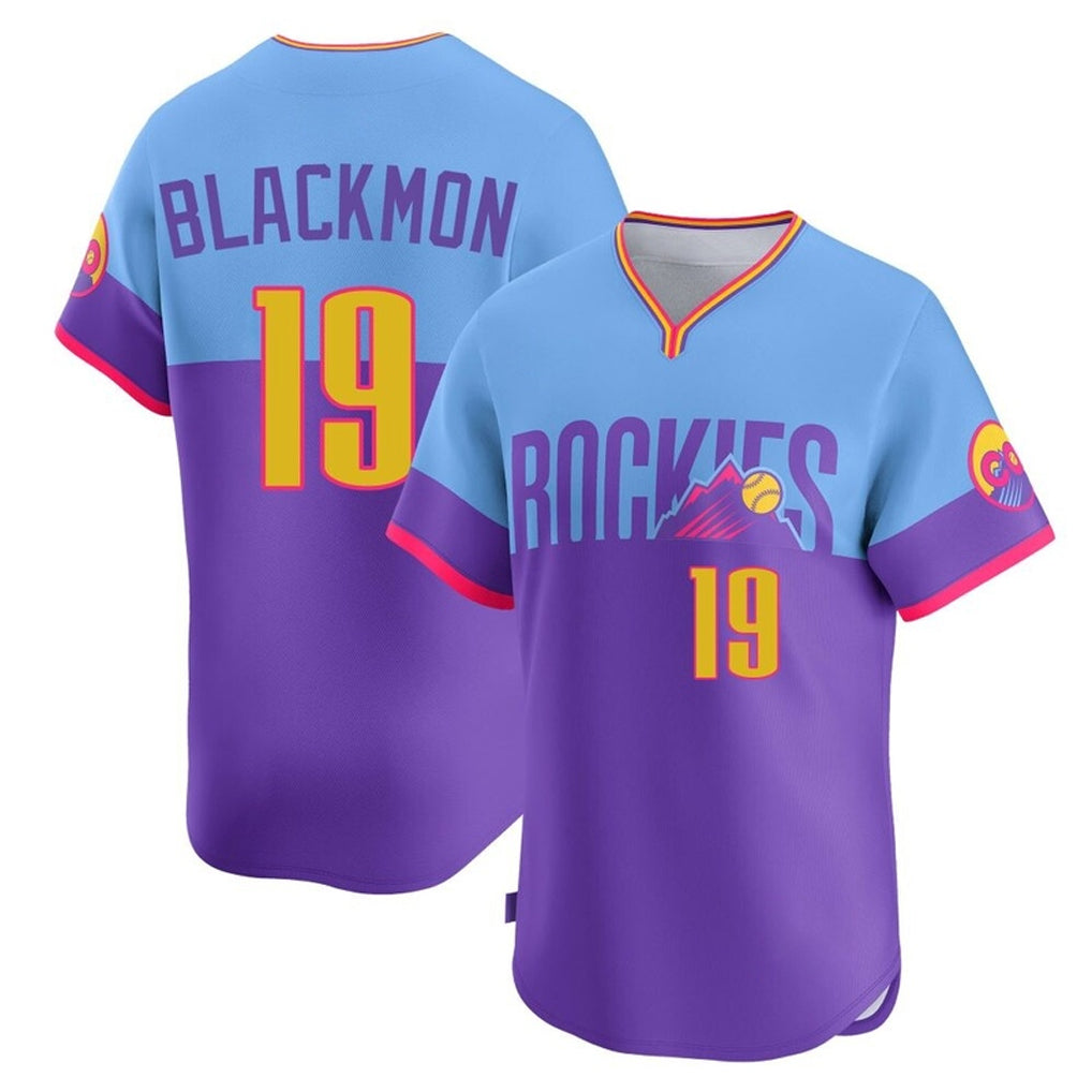 Fenge C.Rockies #19 Charlie Blackmon Player Purple-Light Blue City Connect Limited Home T-shirt Stitched Jerseys