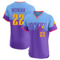 Fenge C.Rockies #22 Mickey Moniak Player Purple-Light Blue City Connect Limited Elite Home T-shirt Stitched Jerseys