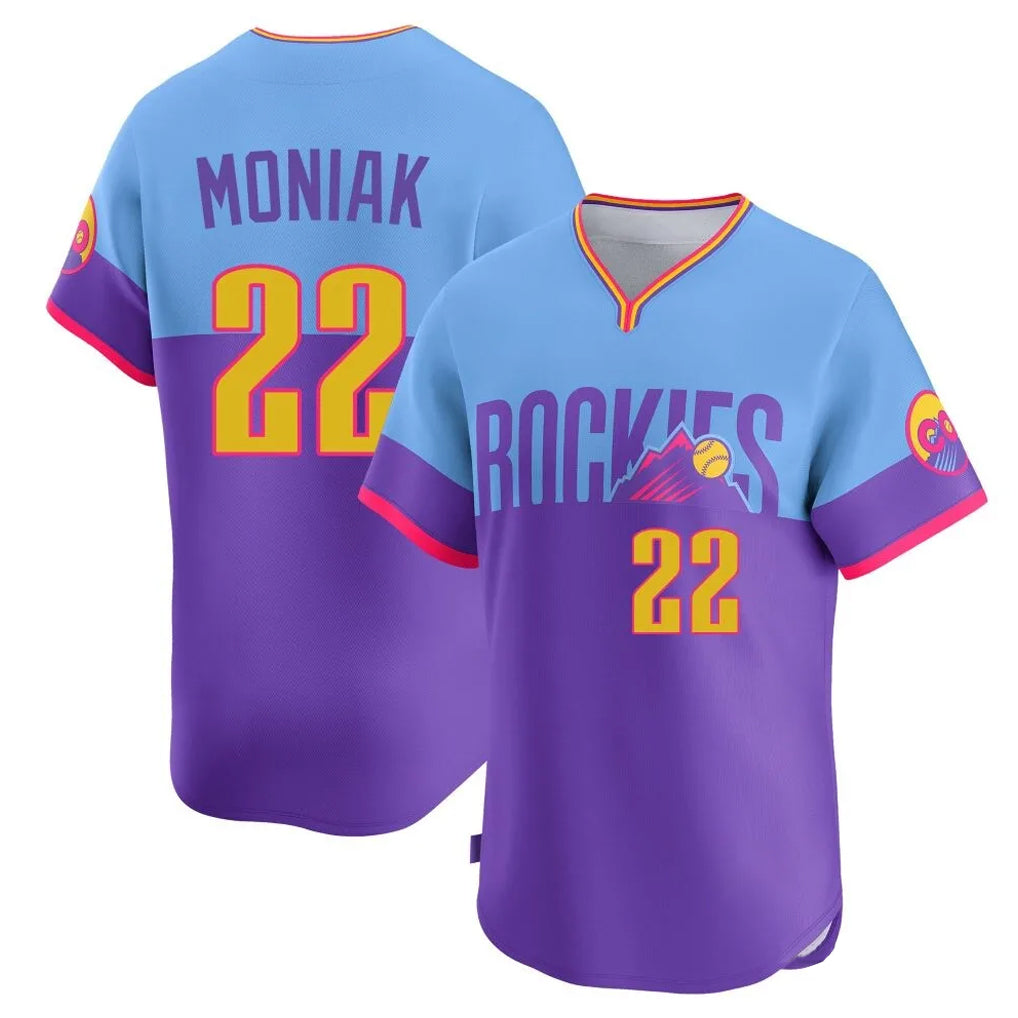 Fenge C.Rockies #22 Mickey Moniak Player Purple-Light Blue City Connect Limited Home T-shirt Stitched Jerseys