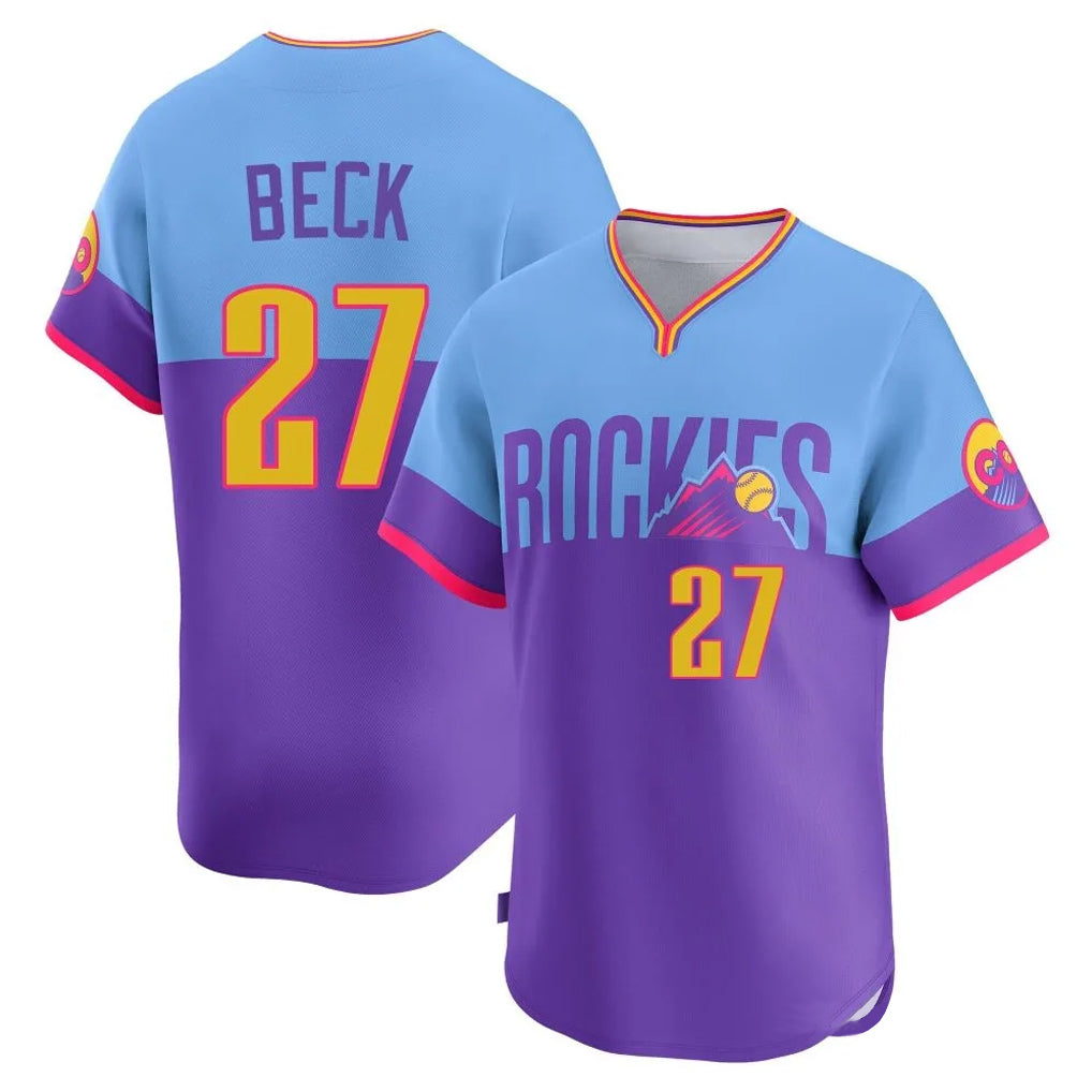 Fenge C.Rockies #27 Jordan Beck Player Purple-Light Blue City Connect Limited Home T-shirt Stitched Jerseys