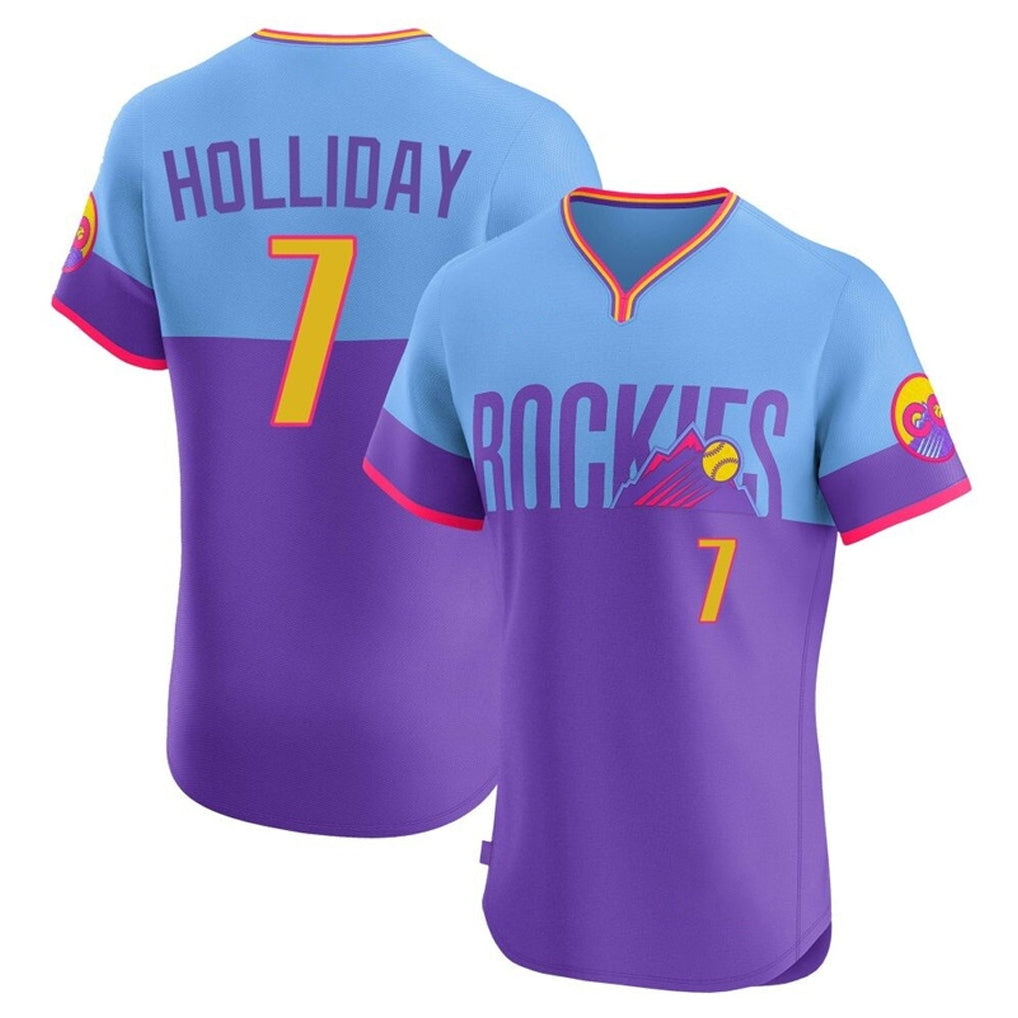 Fenge C.Rockies #7 Matt Holliday Player Purple-Light Blue City Connect Limited Elite Home T-shirt Stitched Jerseys