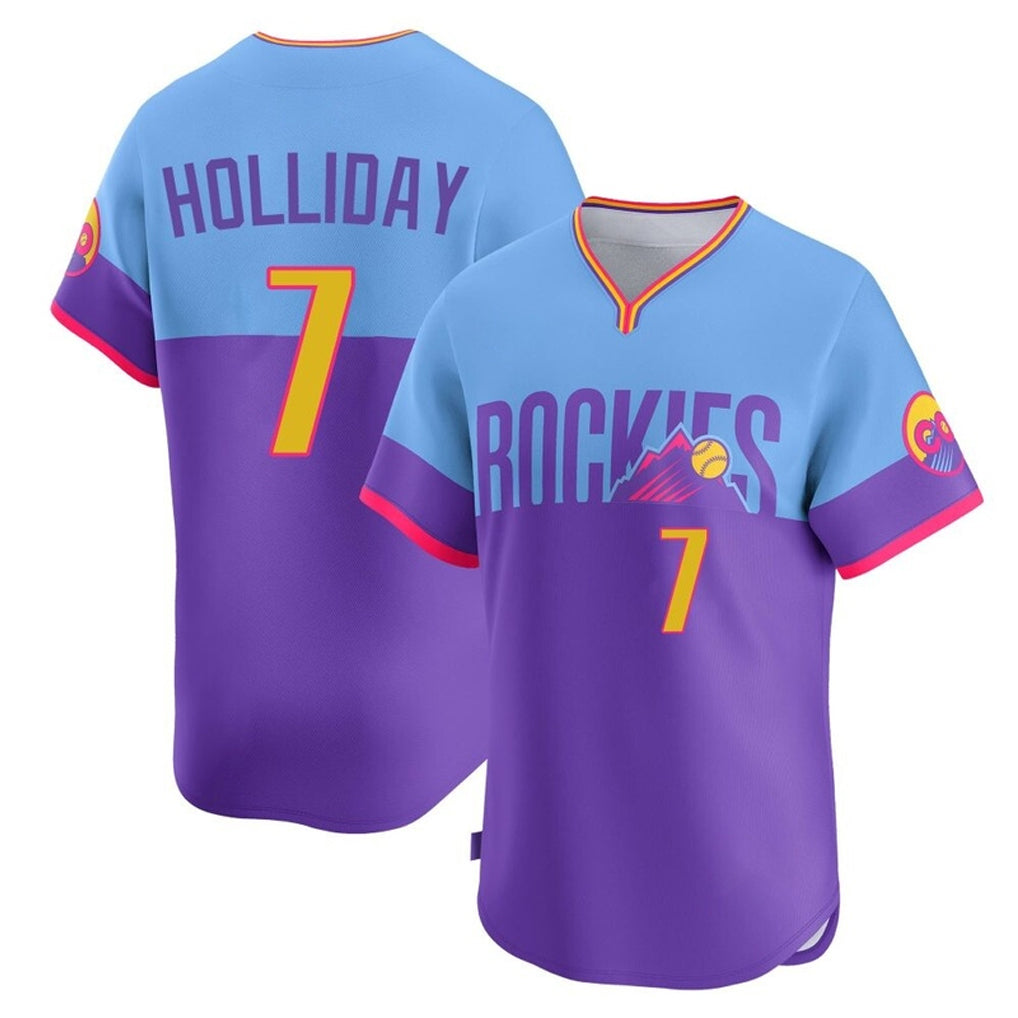 Fenge C.Rockies #7 Matt Holliday Player Purple-Light Blue City Connect Limited Home T-shirt Stitched Jerseys