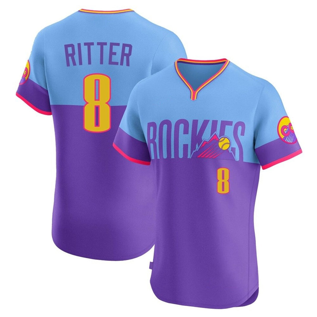 Fenge C.Rockies #8 Ryan Ritter Player Purple-Light Blue City Connect Limited Elite Home T-shirt Stitched Jerseys