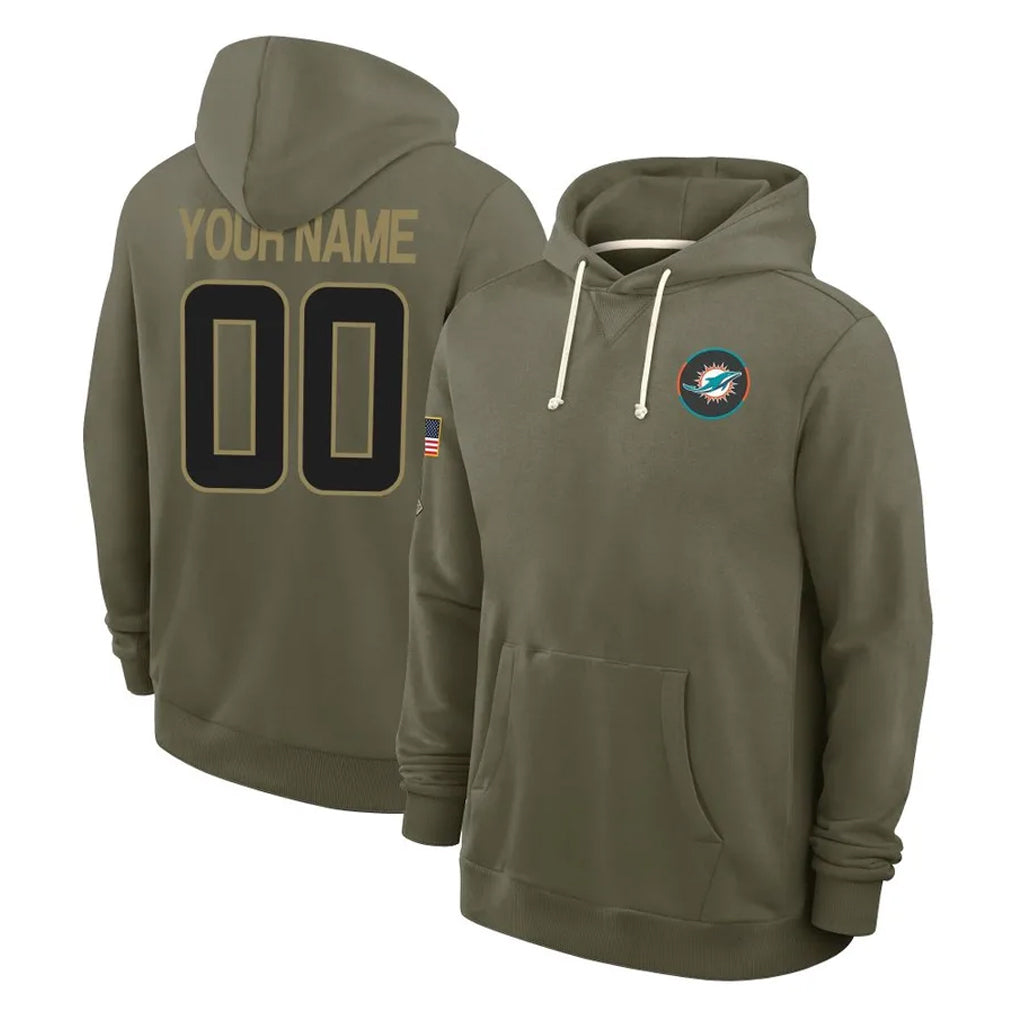Fenge Custom M.Dolphins Olive Salute to Service Pullover Hoodies Limited Any Name & Numbers Stitched Jerseys