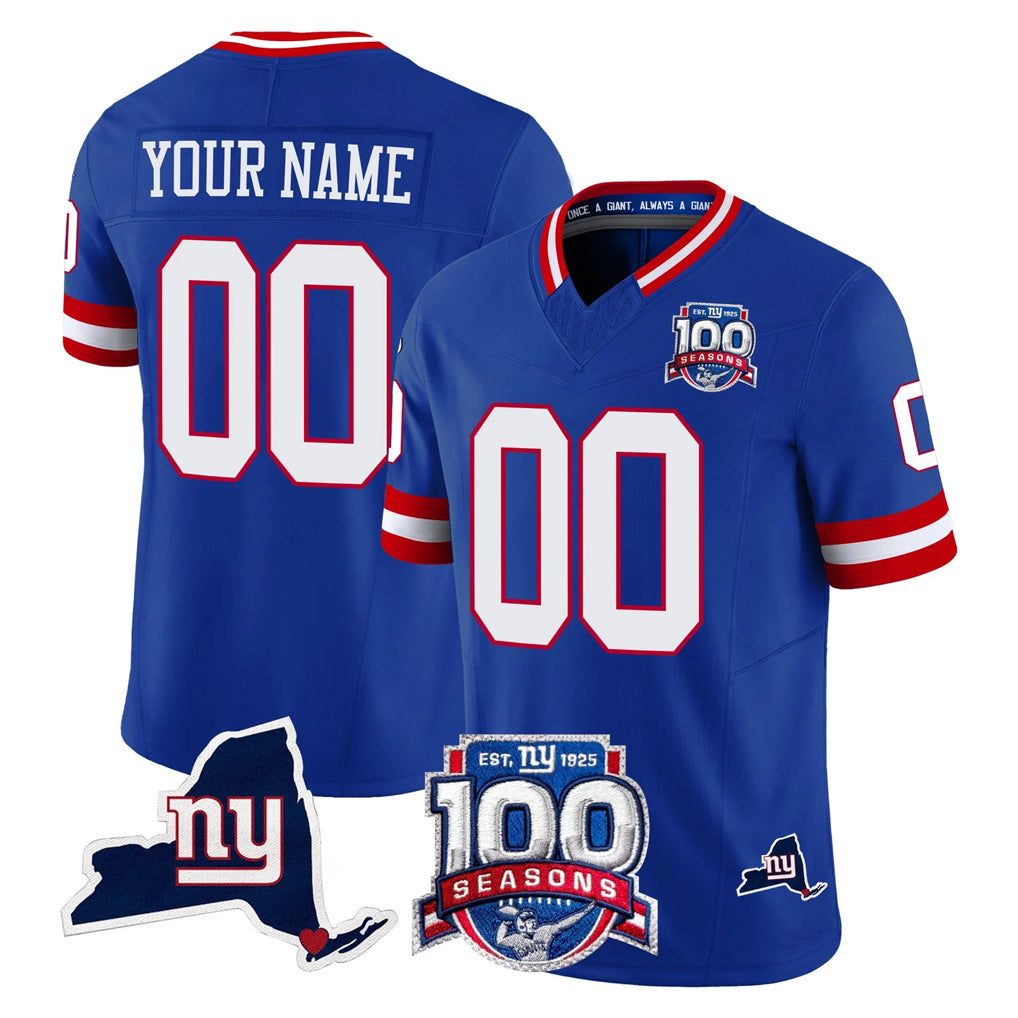 Fenge Custom NY.Giants Royal 100th Season & State Patch Vapor Limited Home Game Any Name & Numbers Stitched Jerseys