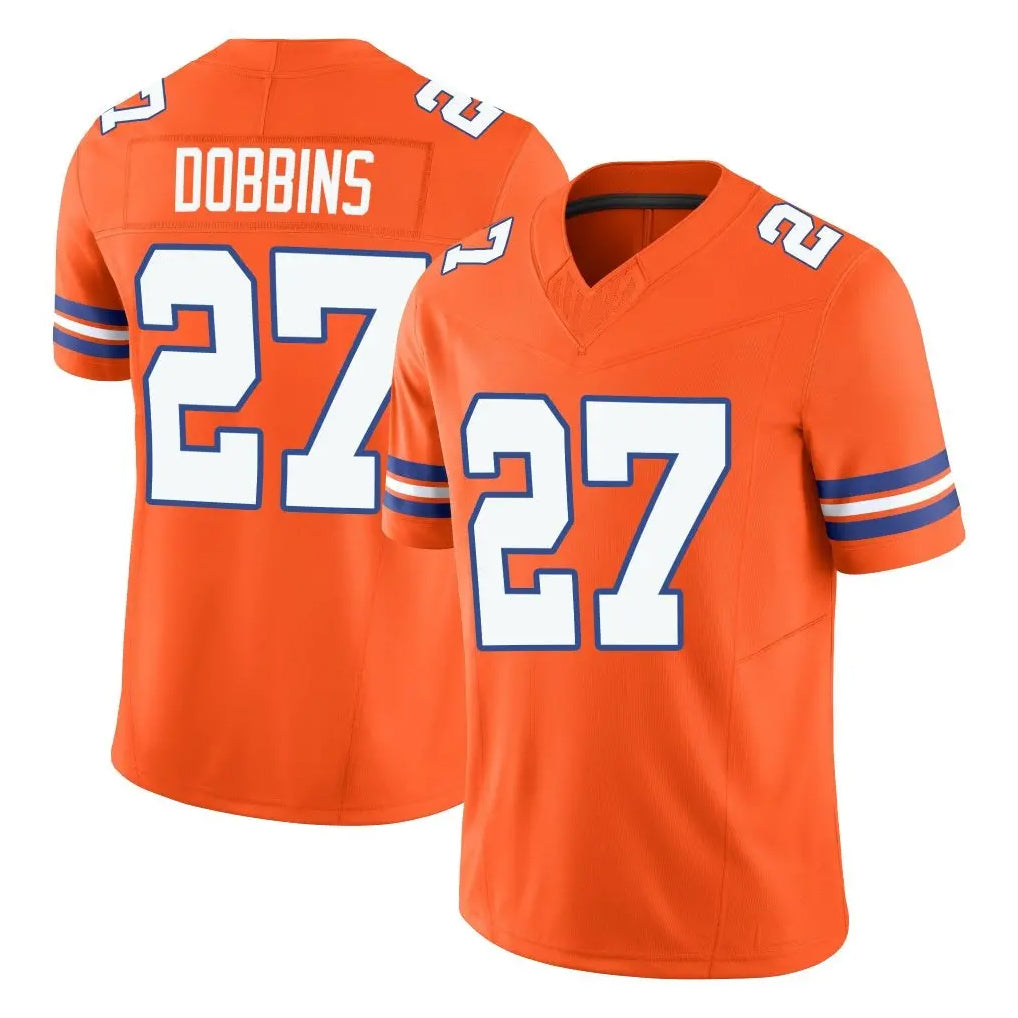 Fenge D.Broncos #27 J.K. Dobbins Player Orange Limited Alternate Vapor F.U.S.E. Throwback Game Stitched Jerseys