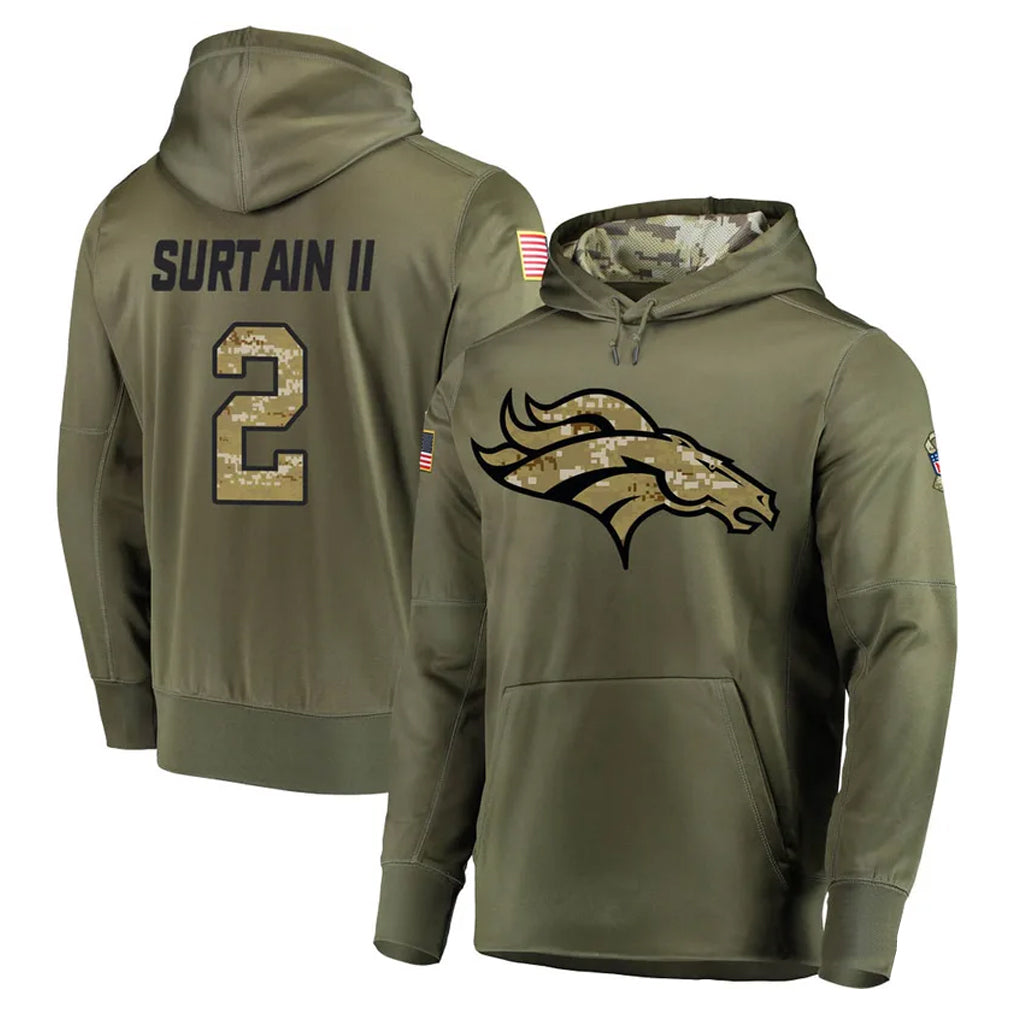 Fenge D.Broncos #2 Pat Surtain II Player Olive Salute to Service Pullover Hoodies Home Game Stitched Jerseys